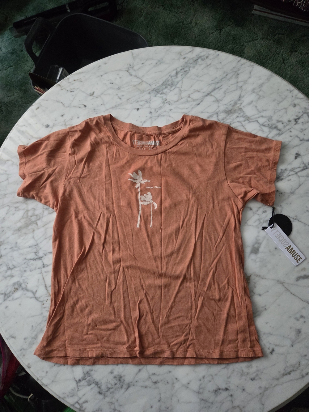 Amuse Society Rust Orange Short Sleeve Tee with Palm Graphic